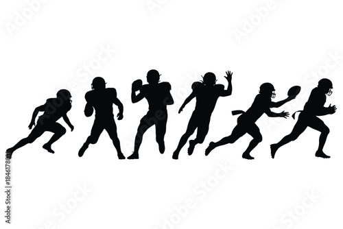 Silhouette of american football players in various running and action poses