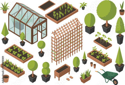 Isometric garden illustration with greenhouse, raised garden beds, topiary plants, gardening tools, lush greenery,