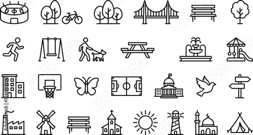 City park vector icons, urban landscape symbols, outdoor recreation line art, building landmarks, nature elements, public places, linear outline set.