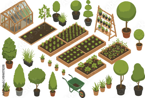 Isometric garden illustration with greenhouse, raised garden beds, topiary plants, gardening tools, lush greenery,
