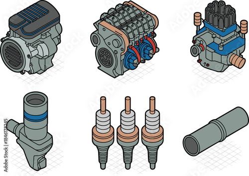 Isometric illustration of various mechanical engine components, detailed automotive parts, industrial machinery elements