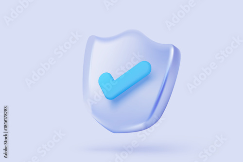 3D shield protection icon with check mark for online payment safety concept. Check mark, correct in minimalist style. 3d quality guarantee icon vector render illustration