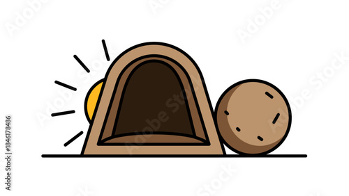 Empty tomb of Jesus Christ with rolled stone and sunrise illustration
