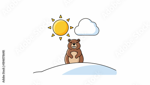 Groundhog on snow hill with sun and cloud - Groundhog Day concept.