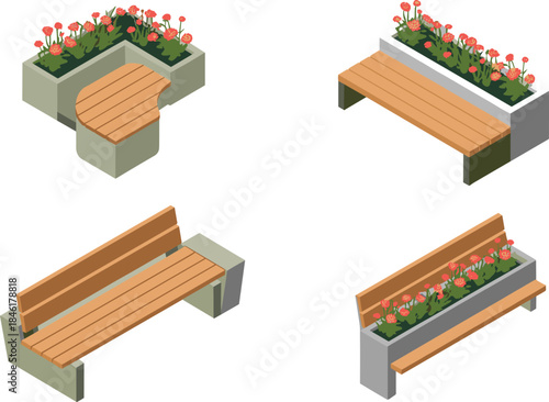 Isometric outdoor bench planters, modern urban street furniture design, floral landscaping elements, city park seating, 3D illustration for architecture