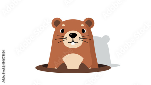 Cute Groundhog Emerging from Burrow Hole with Shadow Illustration.