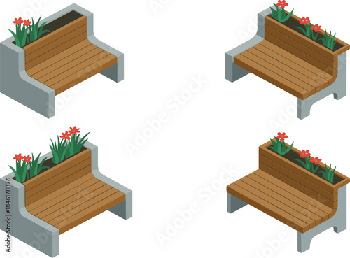 Isometric outdoor bench planters, modern urban street furniture design, floral landscaping elements, city park seating, 3D illustration for architecture