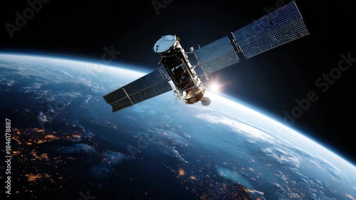 A detailed satellite floats in low Earth orbit, with the blue planet and glowing city lights visible below. The scene represents innovation, global connectivity, and scientific progress