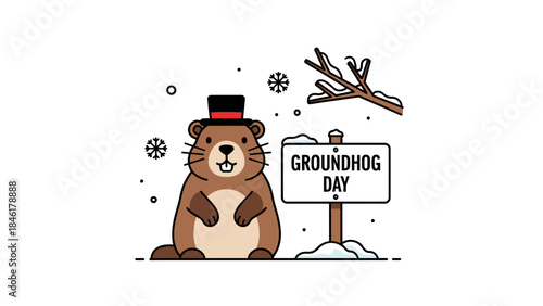 Groundhog Day celebration illustration with cute groundhog wearing a top hat.