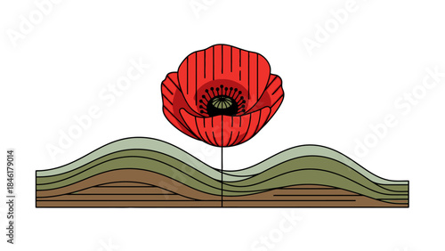 The iconic illustration of a red poppy standing tall on a mound of earth, symbolizing Remembrance Day or the commemoration of World War II.