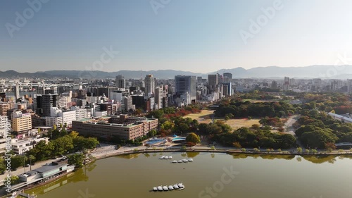 Ohori Park, Fukuoka City, Kyushu, Japan – 4K Aerial Drone Footage of City Skyline, CBD,  Maizuru Park, Urban Lakes, Autumn Trees, Harbour, Port Area, Modern High-Rise Architecture, Houses, Apartment