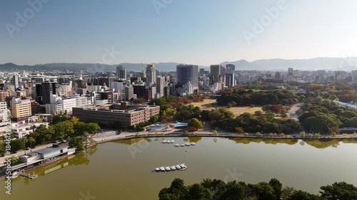 Ohori Park, Fukuoka City, Kyushu, Japan – 4K Aerial Drone Footage of City Skyline, CBD,  Maizuru Park, Urban Lakes, Autumn Trees, Harbour, Port Area, Modern High-Rise Architecture, Houses, Apartment