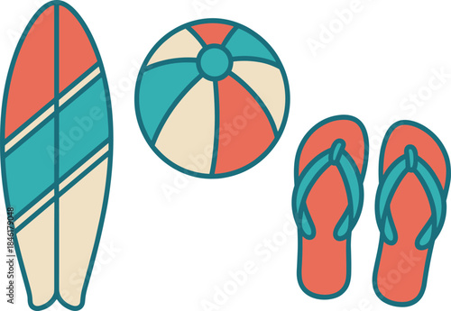 Minimal beach vacation illustration featuring surfboard, beach ball, flip-flops, summer accessories
