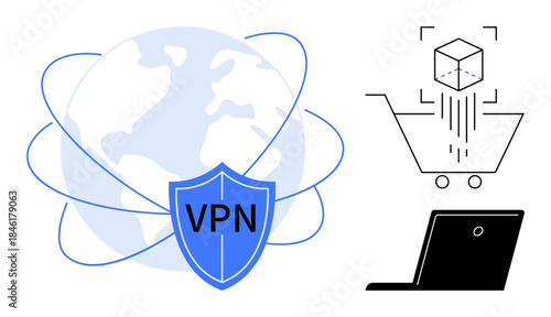 Online security, data encryption, e-commerce safety, virtual private networks, cybersecurity, tech concepts. A VPN shield over a globe, shopping cart with data cube and a laptop. Online security