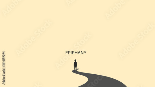 A minimalist illustration of the concept of enlightenment or self-discovery, featuring the silhouette of a person standing on a curved path with the text "EPIPHANY".