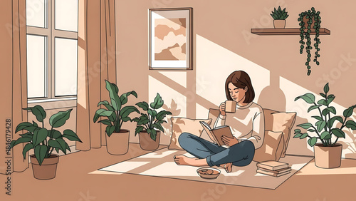 A smiling young businesswoman relaxes on a sofa by the window, balancing her lifestyle as she transitions from working on a laptop to reading a book in a bright room