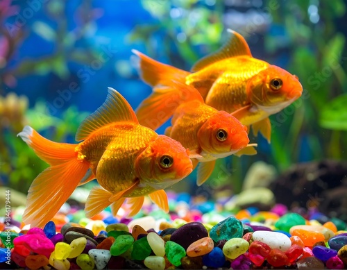 Three vibrant orange goldfish swimming in a colorful aquarium