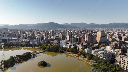 Fukuoka City, Kyushu, Japan – 4K Aerial Drone Footage of City Skyline, CBD, Ohori Park, Maizuru Park, Urban Lakes, Autumn Trees, Harbour, Port Area, Modern High-Rise Architecture, Houses and Apartment
