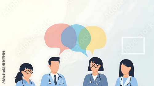 Medical professionals communicating in a diverse team with speech bubbles above their heads, symbolizing discussion and collaboration in healthcare