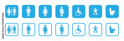 Washroom signs line and solid blue colour. Restroom bathroom and change room sign. Toilet sign. Printable blue sticker of toilet symbol with man woman baby cleaning icons. 