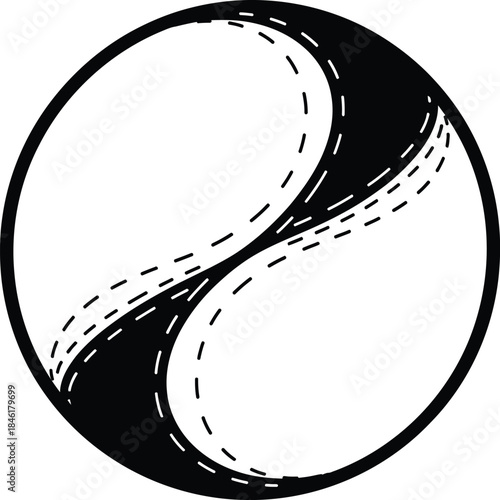 Abstract yin yang symbol with dashed lines on a white background, representing balance, duality, and harmony in a modern graphic design.
