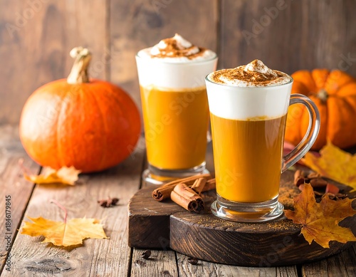 Two pumpkin spice lattes with whipped cream, pumpkins, and fall leaves