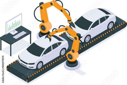 Modern automotive factory with robotic arms assembling cars on production line, advanced automation technology
