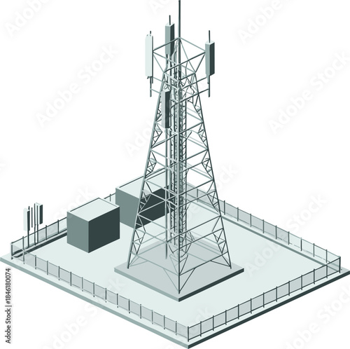 Modern isometric telecommunications tower, mobile network infrastructure, cellular antenna station, wireless communication technology site, 5G and 4G signal transmission facility illustration