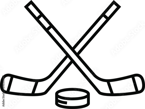 Two crossed hockey sticks and a puck icon graphic illustration on a white background, symbolizing sports equipment for ice hockey game play and athletic competition.