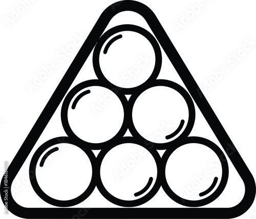 Billiard balls racked in triangle for game start, clean line art isolated on white background, cue sport symbol