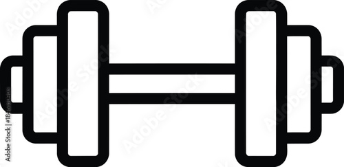 Simple and clean line art icon illustration of a dumbbell, representing strength training, weightlifting, fitness, and healthy lifestyle, isolated on white.