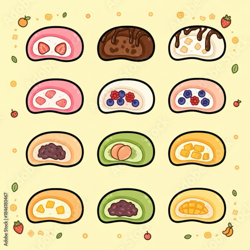 Cute mochi icon vector set. Cartoon characters with various flavors and toppings. Sweet Japanese rice dessert in pastel colors. Mochi logo illustration isolated on a white background.