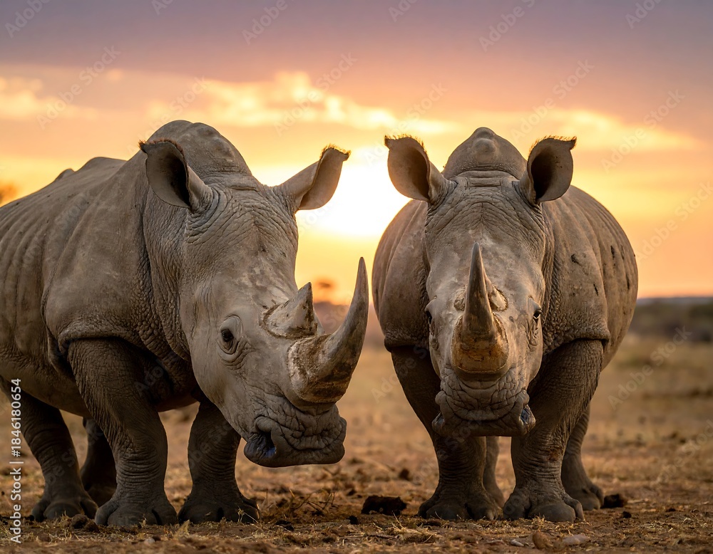Fototapeta premium Two rhinoceroses stand facing camera against a warm sunset backdrop