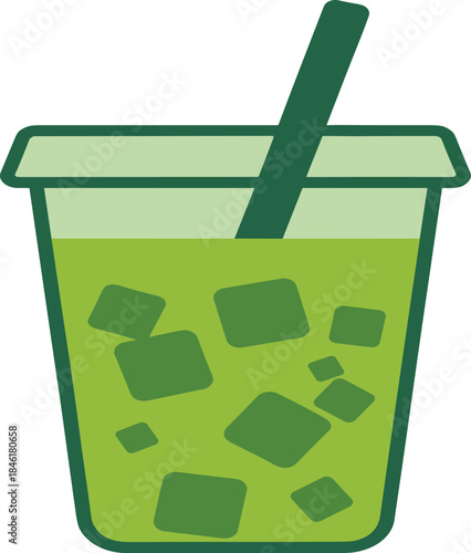 Refreshing green juice illustration with ice cubes, plastic cup, eco straw, healthy beverage concept, minimalist flat design, fresh drink artwork