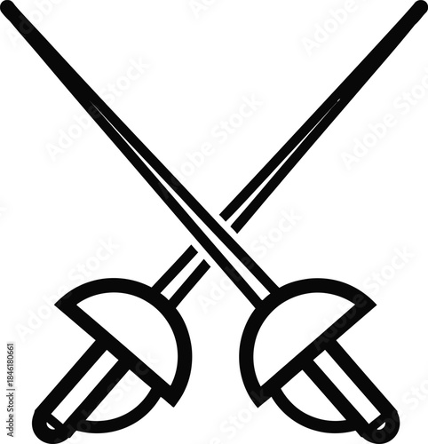 Two stylized fencing swords crossed in an x shape, symbolizing combat, duel, competition, and sport. simple line art illustration.