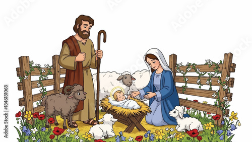 Nativity scene with Mary, Joseph, and baby Jesus. Holy family in manger with sheep and lambs. Christmas illustration of biblical scene. Vector drawing of angel and shepherd. Wooden fence