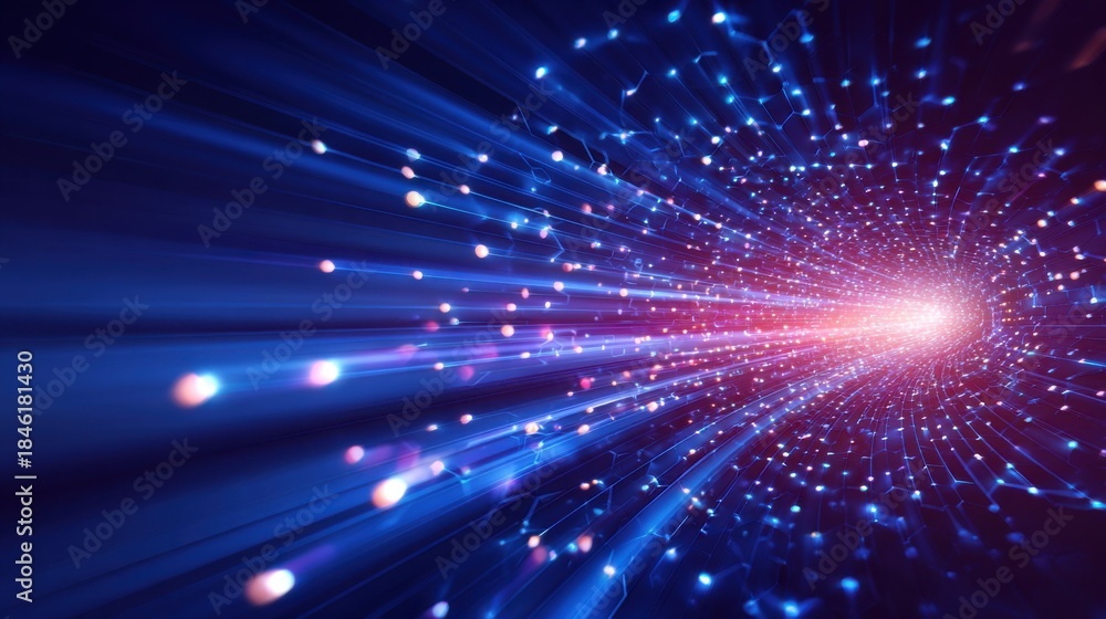 Fototapeta premium Futuristic technology background with blue and red light beams, particles and energy explosion on dark background. Digital network connection concept for data transfer and innovation.