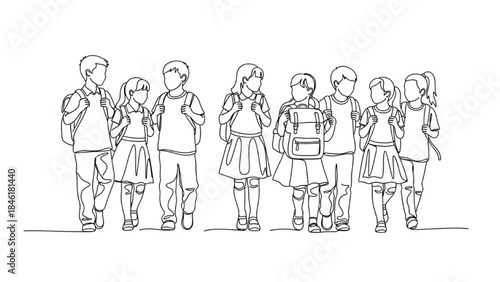 High-Quality Black Continuous Line Art of School Children Walking to School with Backpacks