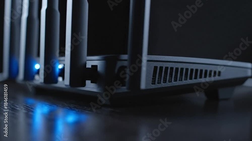Close-up of a modern router with glowing blue lights