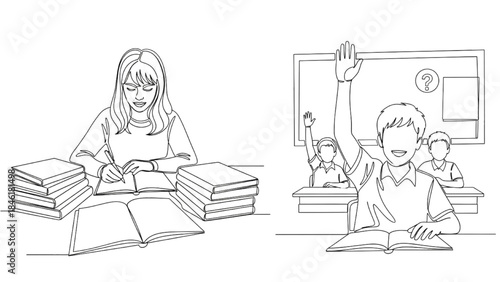 High-Quality Black Continuous Line Art of Girl Studying at Desk and Boy Raising Hand in Classroom