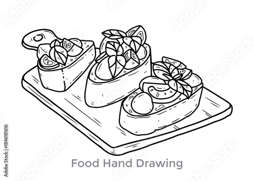 Food Hand Drawing Illustration: The image portrays an illustration of appetizing food, presented on a wooden cutting board with a delicate hand-drawn style.