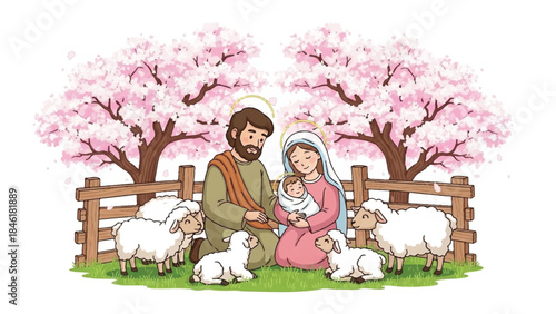 Holy family with baby Jesus. Mary, Joseph and Jesus sitting with sheep. Pink blossom trees. Wooden fence. Green grass. Vector illustration of nativity scene.