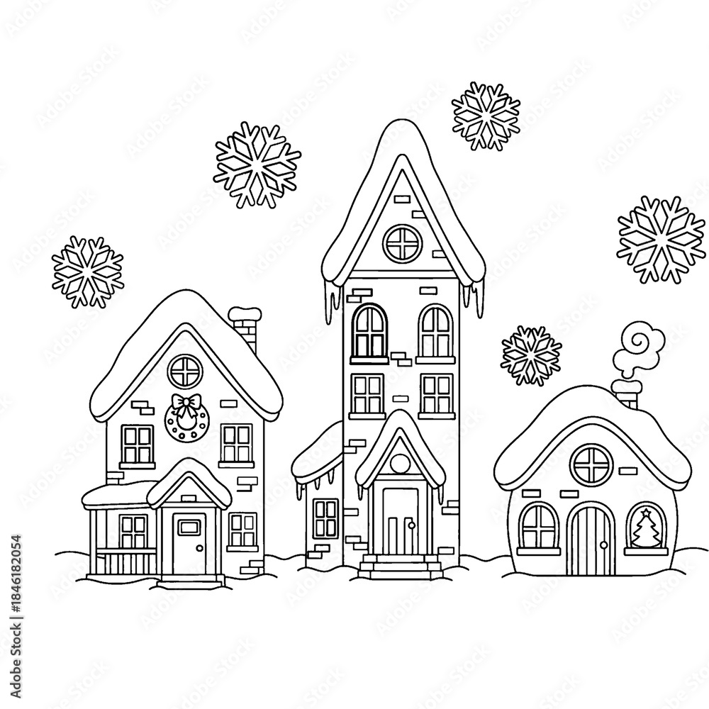 Fototapeta premium Christmas themed coloring book with 3 different houses surrounded by snow