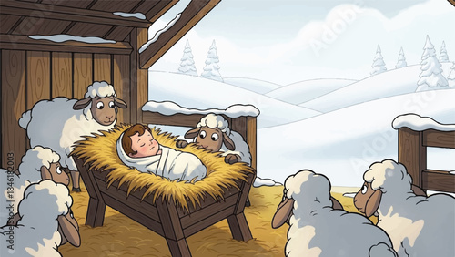 Christmas nativity scene. Cartoon baby Jesus in manger. Shepherds and sheep around. Winter snowy landscape background. Vector illustration.