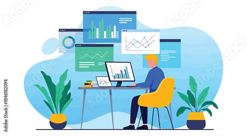 Modern workspace illustration featuring person analyzing data on computer with charts, graphs, and magnifying glass icons—ideal for business intelligence, analytics, and tech-themed design projects.