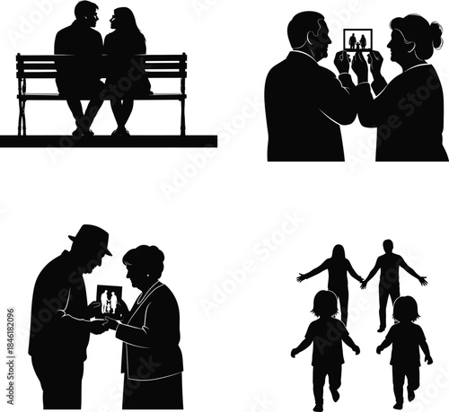 Black silhouettes of people in various social interactions and activities