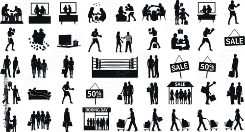Collection of black silhouettes depicting people in various activities and shopping signs