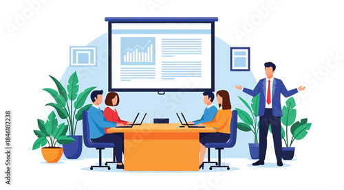 Business meeting illustration with presenter and team seated around conference table using laptops, analyzing charts on screen—ideal for corporate strategy, teamwork, and data-driven presentations.