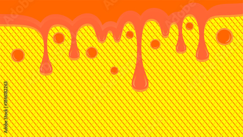 Dripping honey illustration. Honey dripping on waffle pattern background. Dripping ice cream illustration. Dripping syrup illustration.