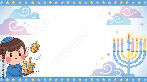 Happy Hanukkah greeting card template. Jewish holiday illustration. Cartoon boy with dreidel. Menorah with colorful candles. Blue and white background. Festive clouds and stars. Vector